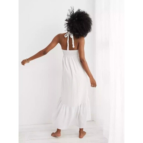 Aerie Sz XL Braided Halter Maxi Sundress White Smocked High Low Linen Blend NWT - Picture 3 of 16